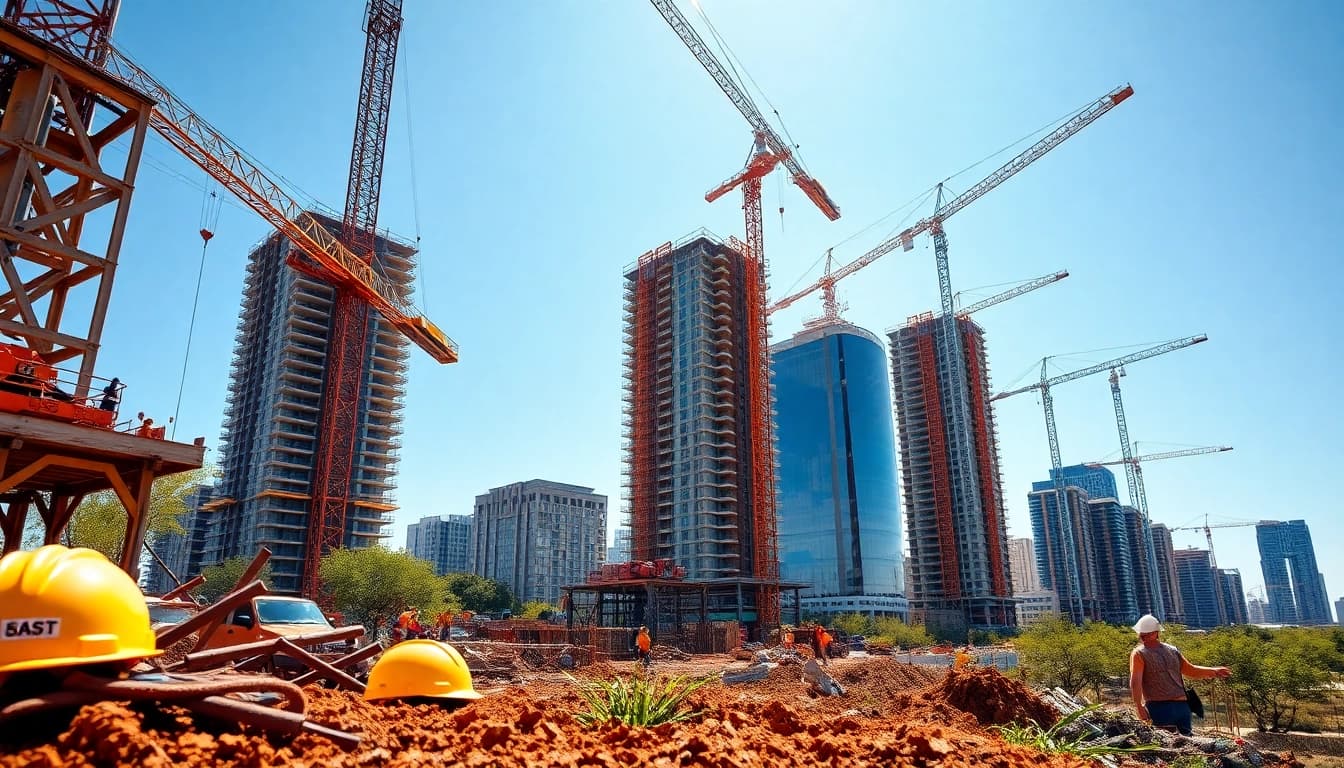 Austin construction site bustling with activity, featuring cranes and workers in a vibrant urban landscape.