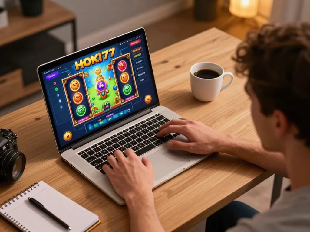 Pemain menikmati mesin slot HOKI77 secara online di rumah, menekankan permainan yang menarik dan perjudian yang bertanggung jawab