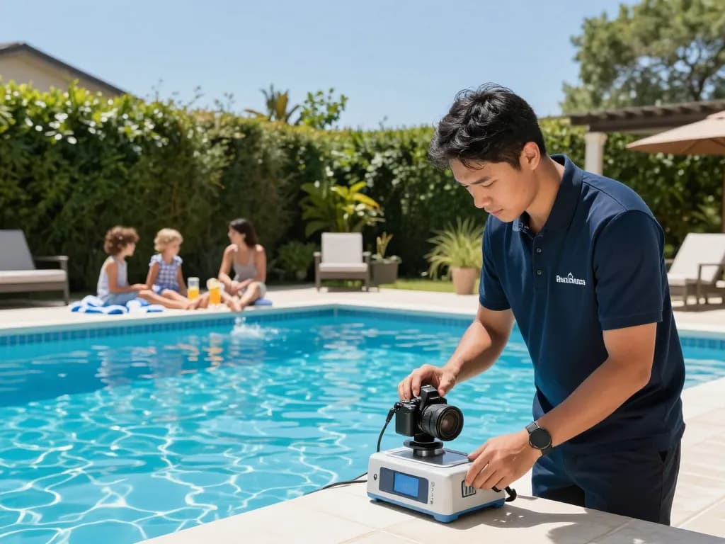 Dolphin Pool Services technician checking pool water quality under sunny skies while family enjoys the pool.