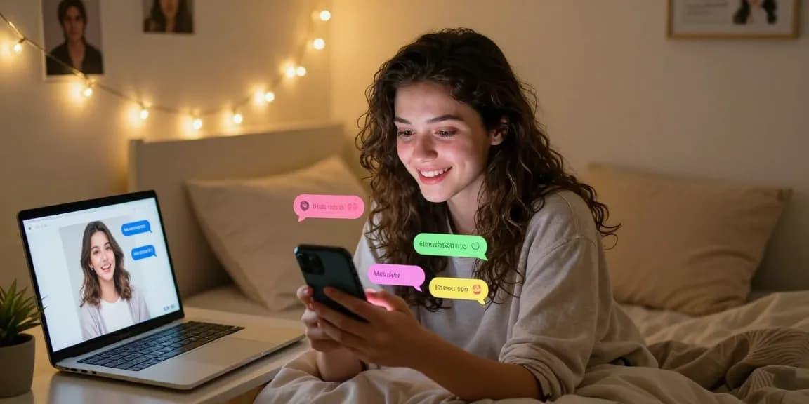 Young woman enjoying a heartfelt chat with her AI girlfriend in a cozy bedroom