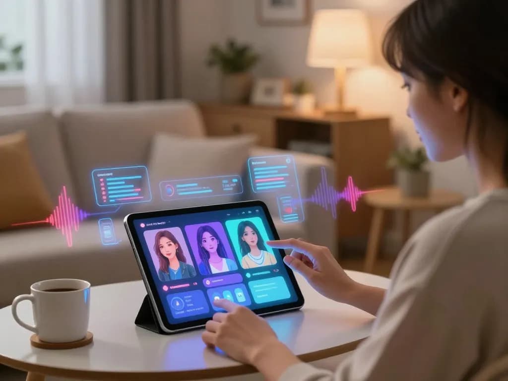 AI girlfriend interaction in a cozy digital space, showcasing vibrant holographic displays and customizable features.