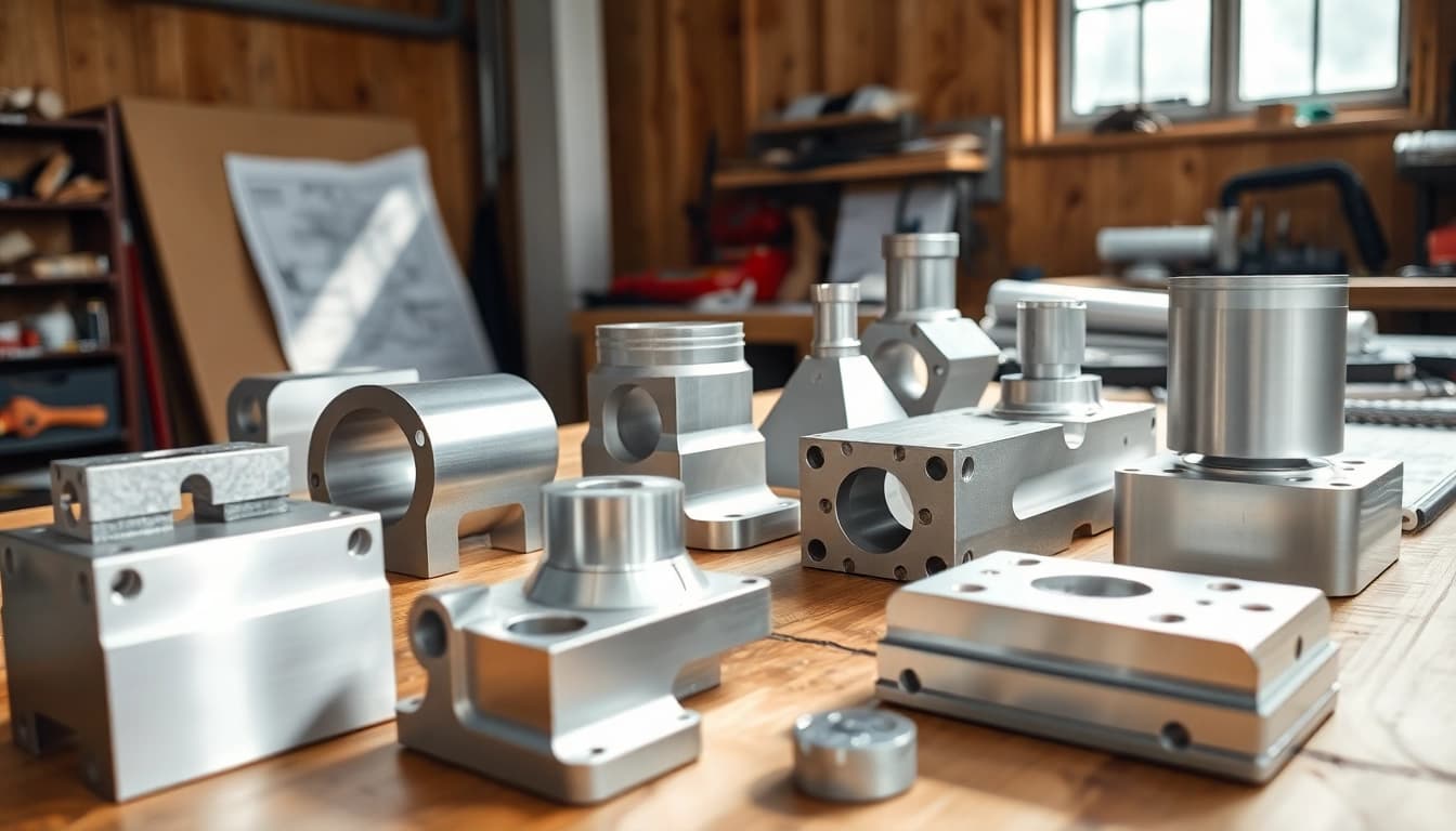 Showcasing aluminum prototypes with intricate designs and polished finishes in a workshop setting