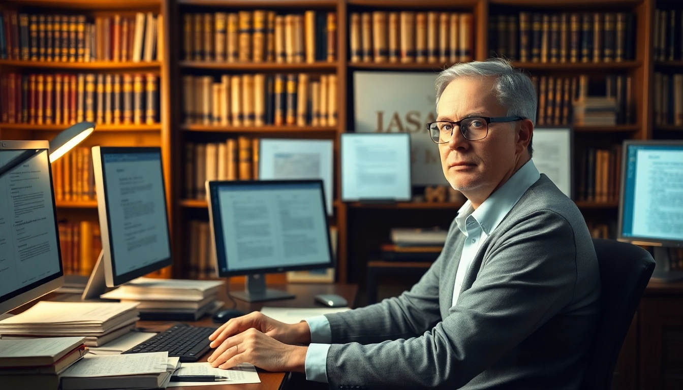 Soudní překladatel diligently working at a desk surrounded by legal documents.