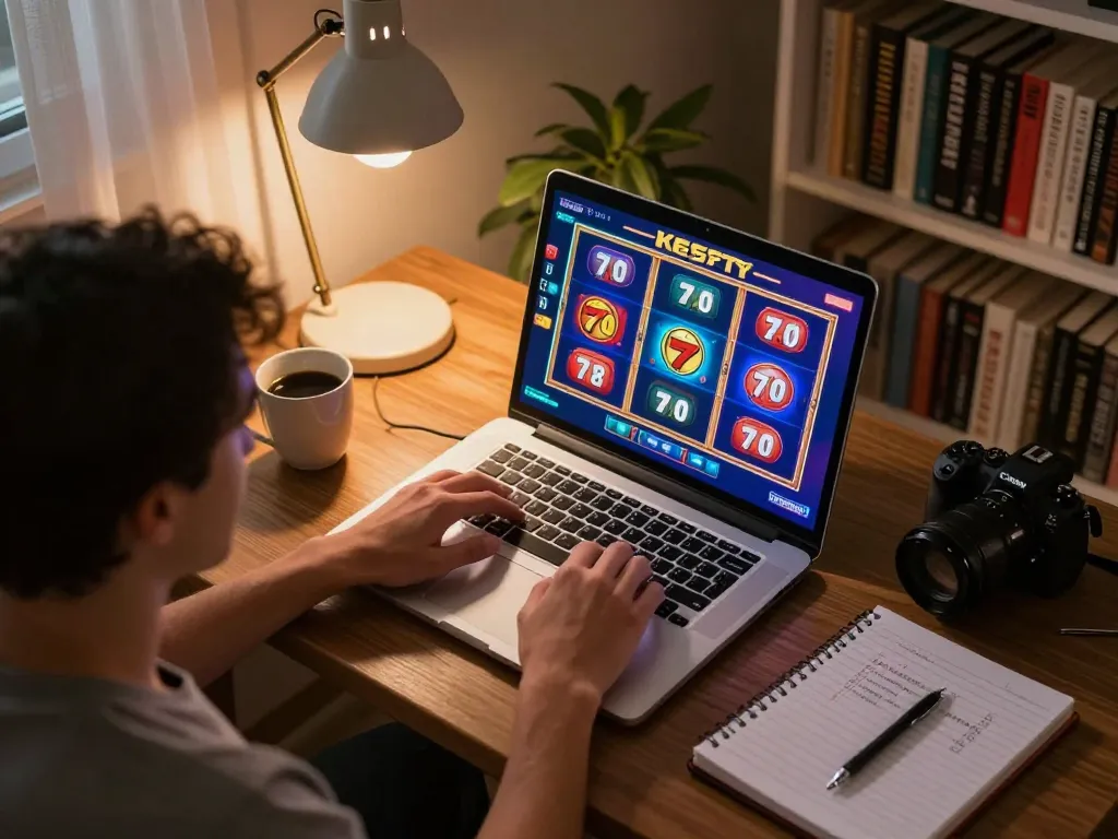 Engaging in slot77 gameplay at home office laptop, showcasing strategic betting notes.