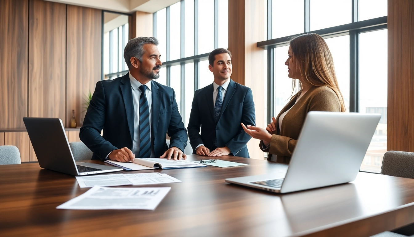 Real estate lawyer consulting with a client in a modern office setting, fostering a professional atmosphere.