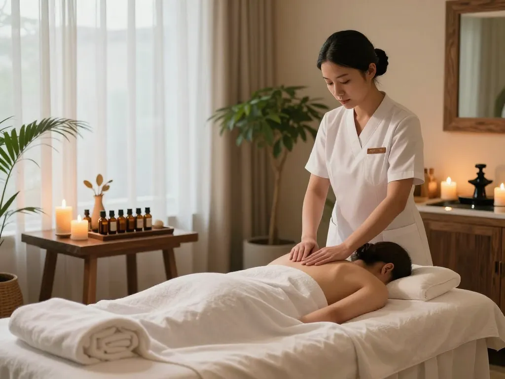 Premium relaxation experience at maxim-anma.net featuring a serene spa setup with professional therapy, soft lighting, and calming oils.