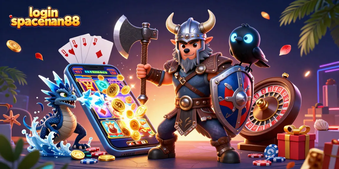 Join the exciting adventure of login spaceman88 with a cartoon wolf warrior and a fierce dragon in this vibrant casino scene!