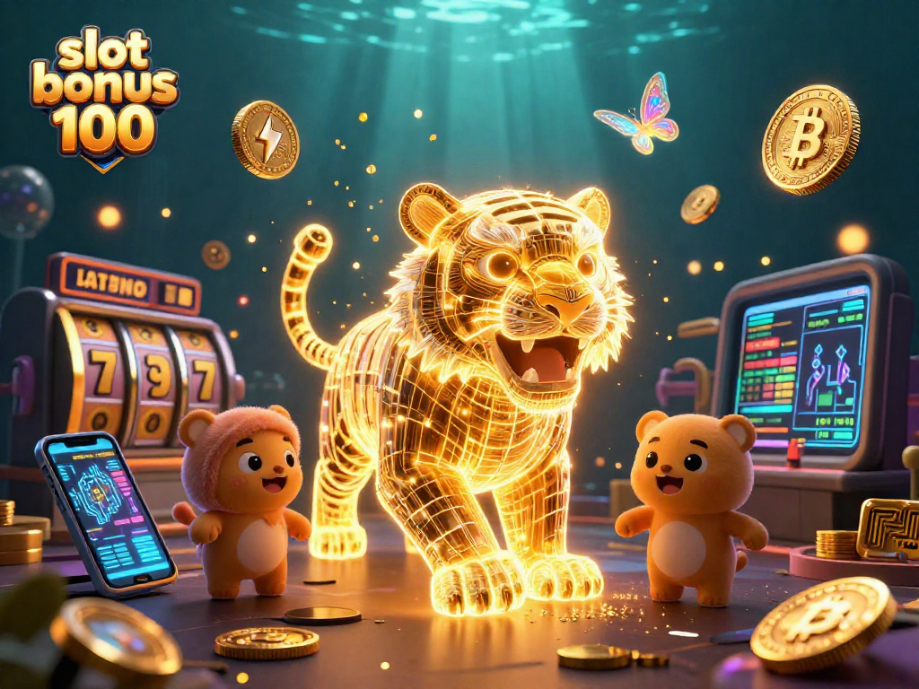 Experience the slot bonus 100 in a vibrant digital casino with energetic visuals of neon characters and elements.