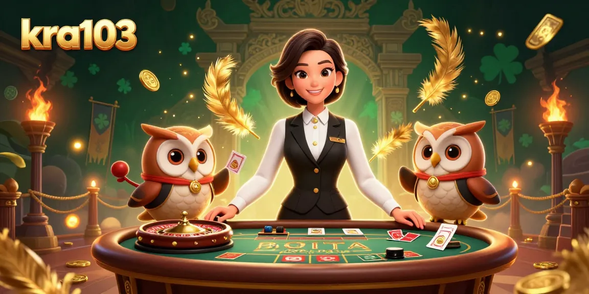 Kra103 engages players with charming Asian dealer and owl at a dynamic gaming table, capturing excitement.