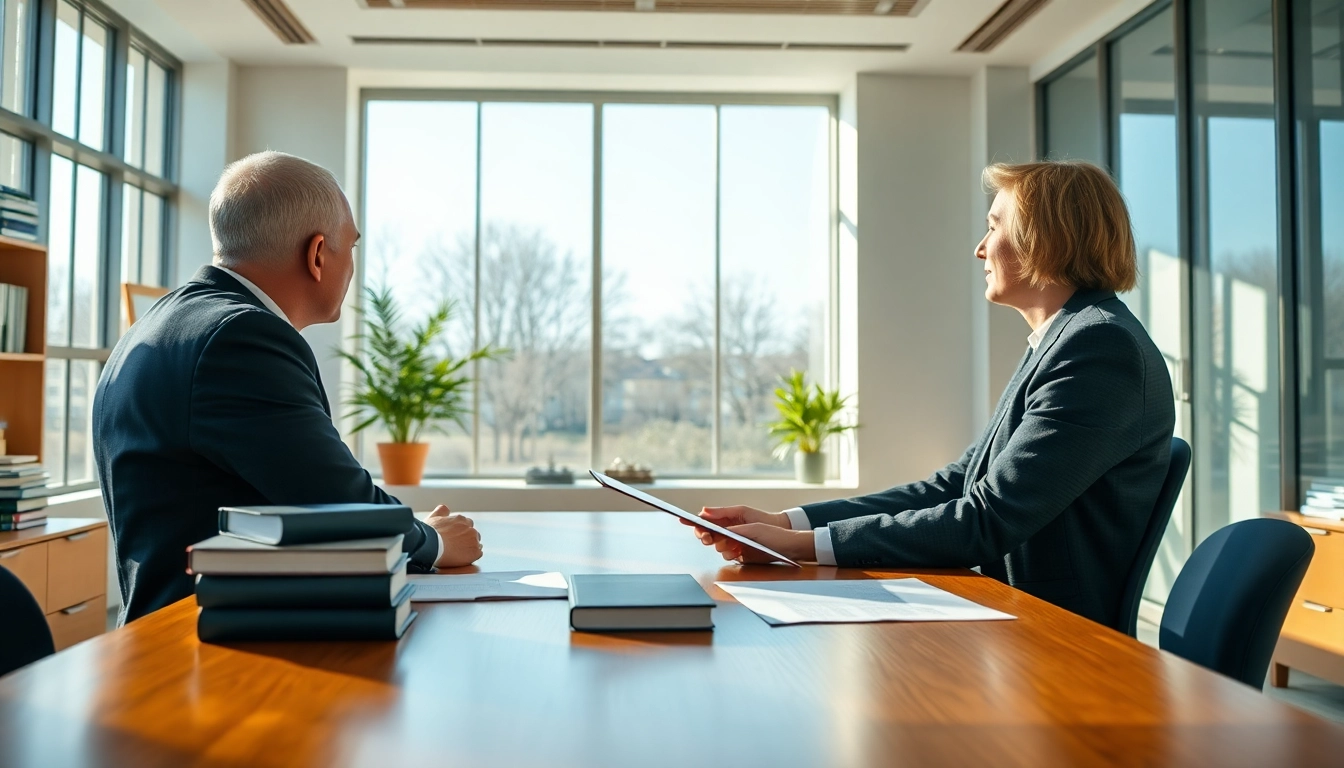 Real estate lawyer consulting with a client in a bright office, conveying professionalism and approachability.