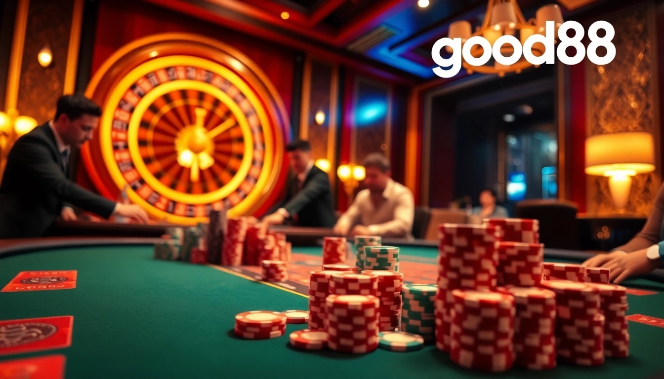 Experience the excitement of gambling at the good88 poker table, showcasing high stakes and strategic gameplay.