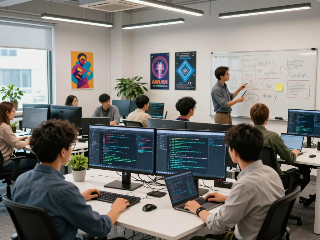 Team collaborating on innovative crushon AI projects in a modern office