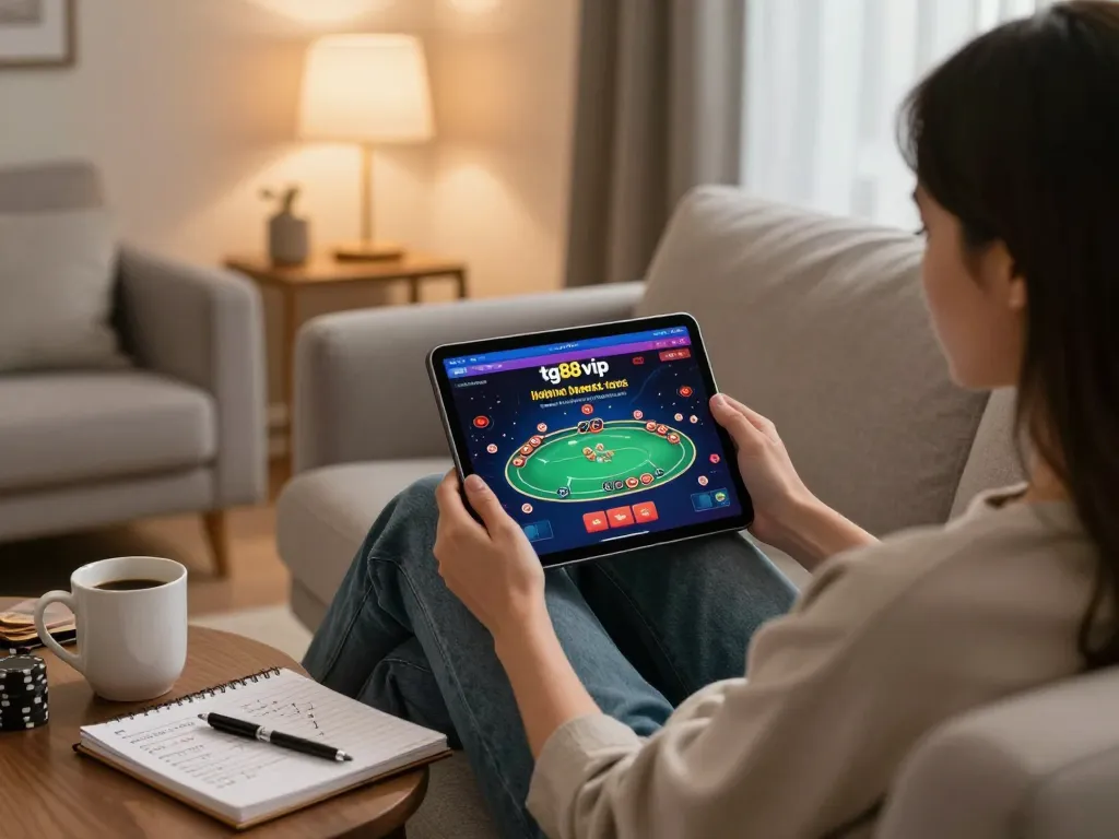 Engaging in tg88 vip online poker gaming on a tablet in a cozy home setting.