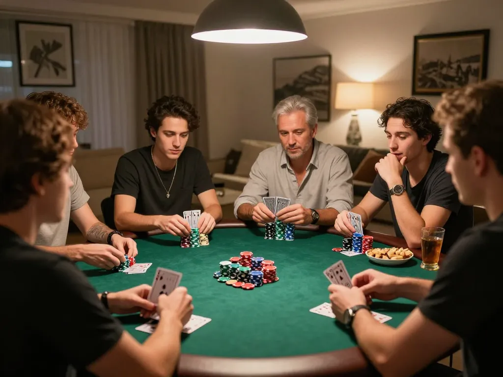O8 players enjoying an engaging home poker game night, showcasing excitement and strategy.