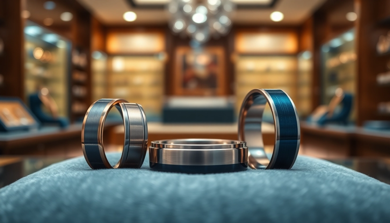 Showcase of tungsten wedding bands on a velvet cushion, highlighting their elegance and craftsmanship.
