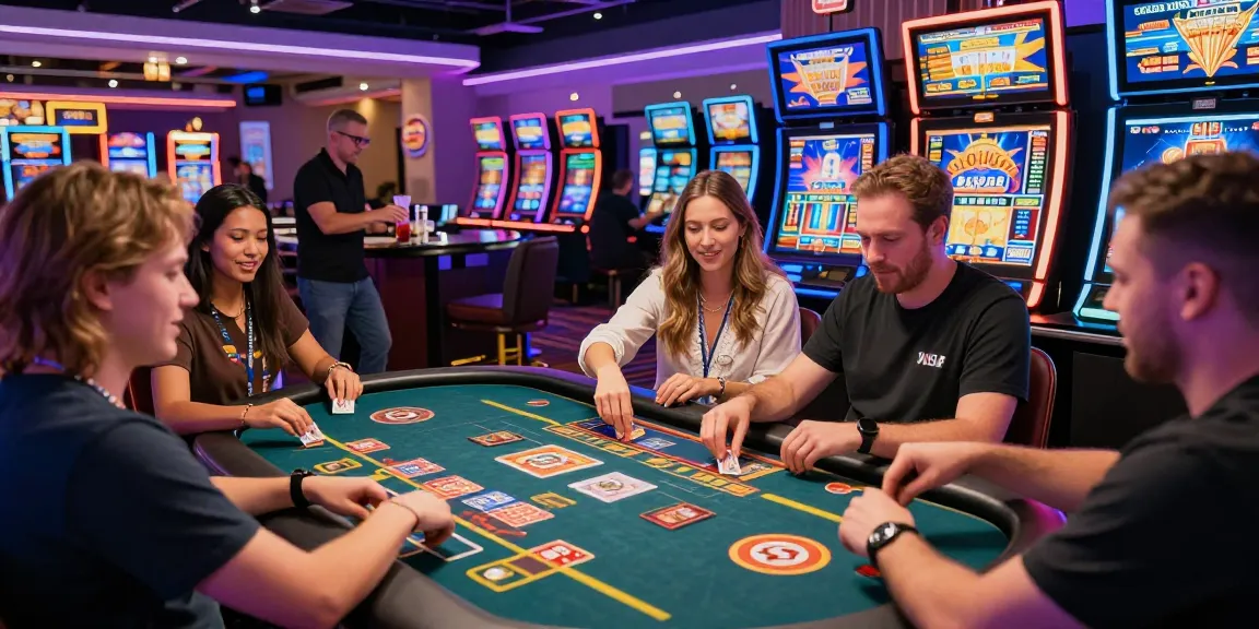 Exciting scene at a visa casino with players enjoying card games and vibrant slot machines.