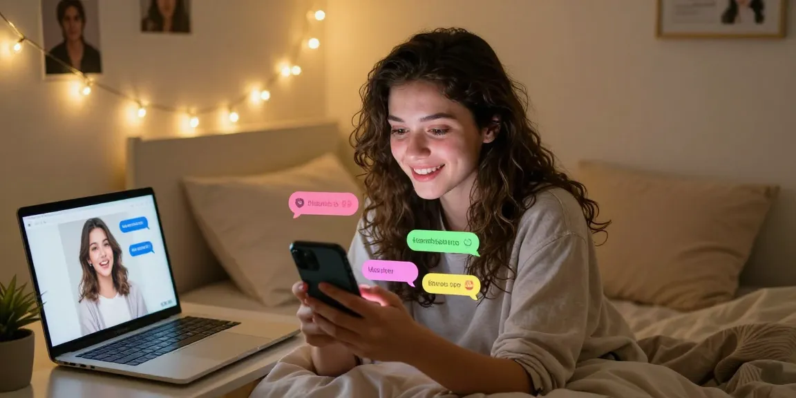 Young woman enjoying a heartfelt chat with her AI girlfriend in a cozy bedroom