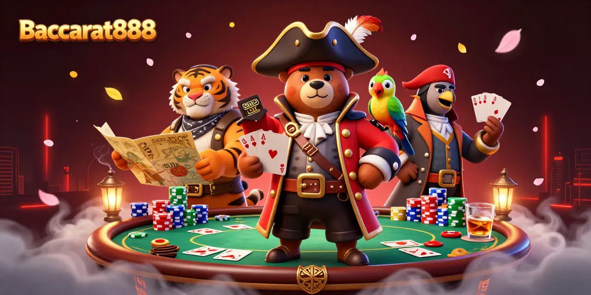 Experience Baccarat888 gameplay with a pirate captain bear, fierce tiger, and vibrant poker elements.