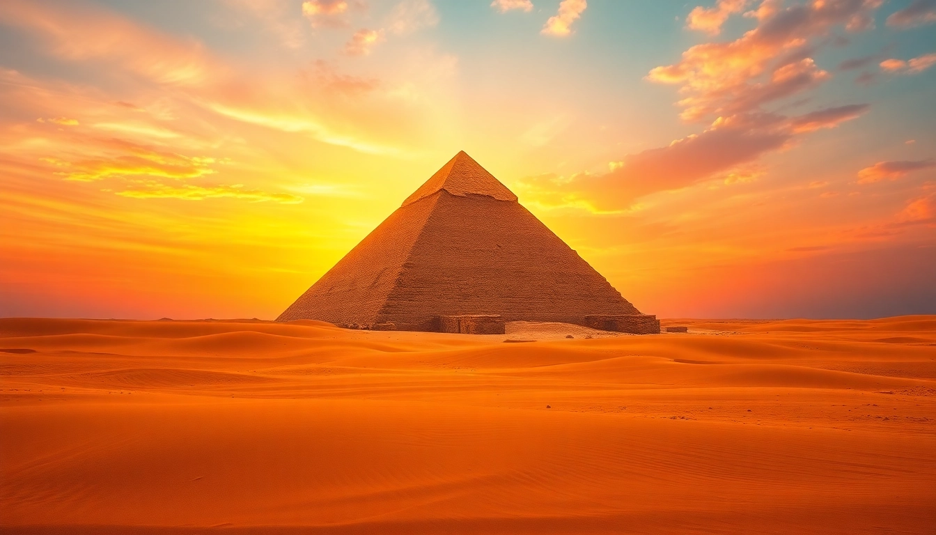 Pyraminds beautifully illuminated during sunset, showcasing ancient Egyptian architecture.