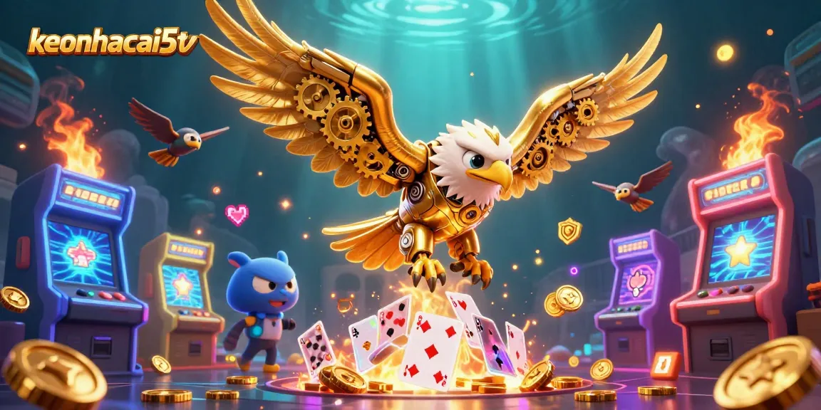 Experience excitement at keonhacai5tv with a vibrant scene of golden eagle diving through glowing playing cards.