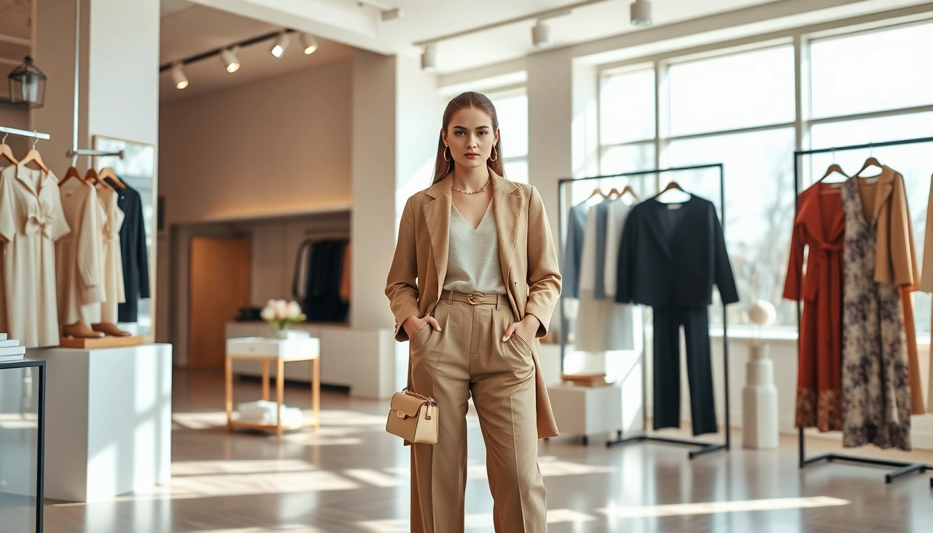 Showcase of Rivelle clothing in an elegant boutique featuring sophisticated styling elements.