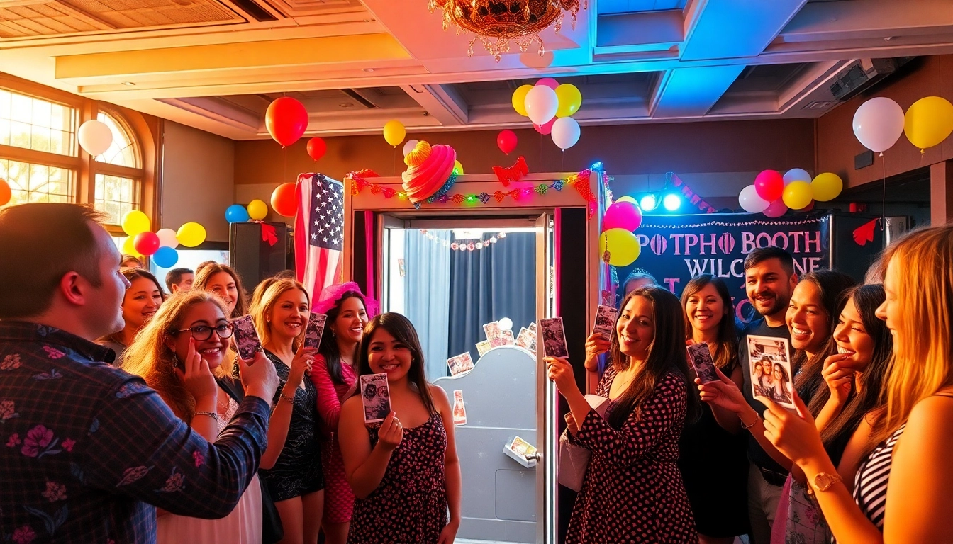 Guests enjoying a fun photo booth chicago experience with colorful props at a lively event.