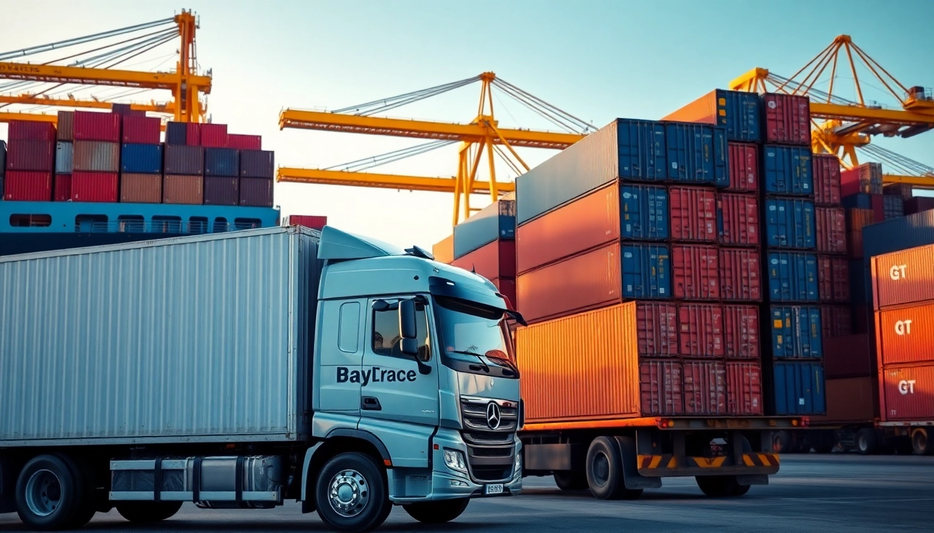 Drayage truck efficiently transporting shipping containers at a busy port.