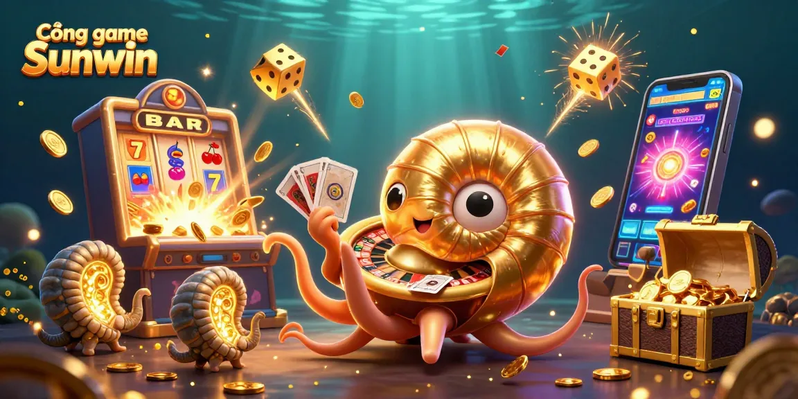The Cổng game Sunwin features a vibrant scene with a giant nautilus roulette wheel and a jackpot explosion.