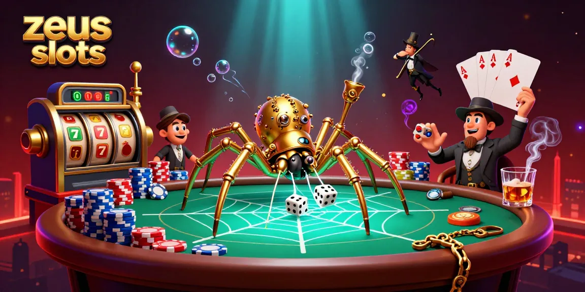 Experience thrilling zeus slots action with a dynamic 3D scene featuring golden web, poker chips, and jackpot symbols.