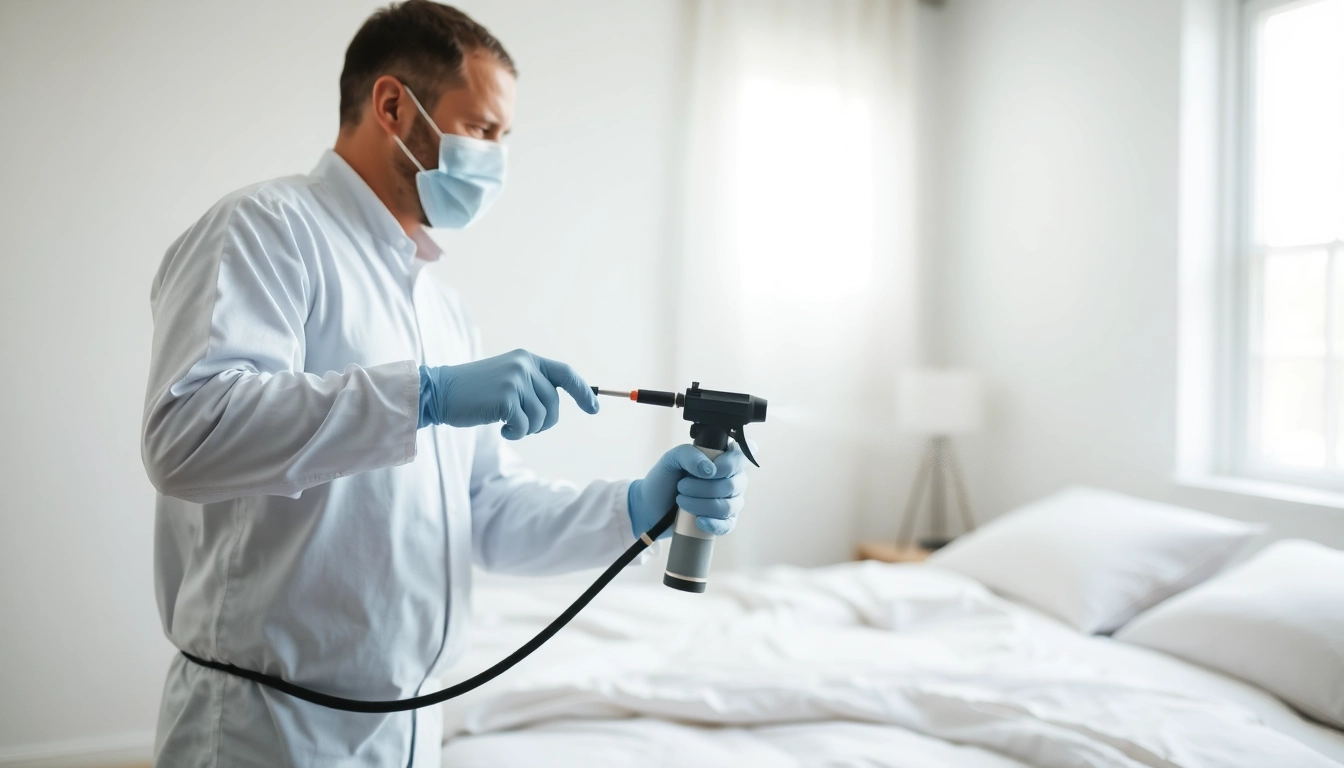 Apply bed bug chemical treatment by a pest control technician in a clean bedroom.