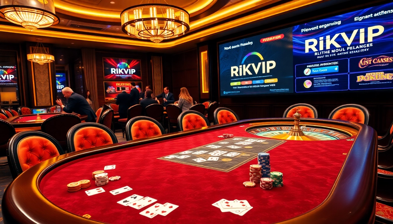 Gamblers enjoying a high-stakes RIKVIP poker game at a luxurious casino table.