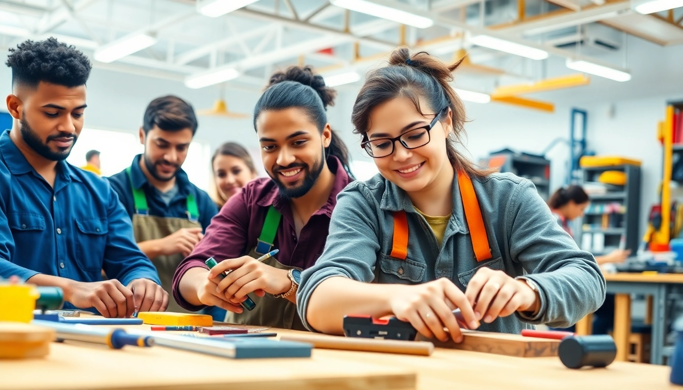 Students learning practical skills at an abc trade school with modern tools and equipment.