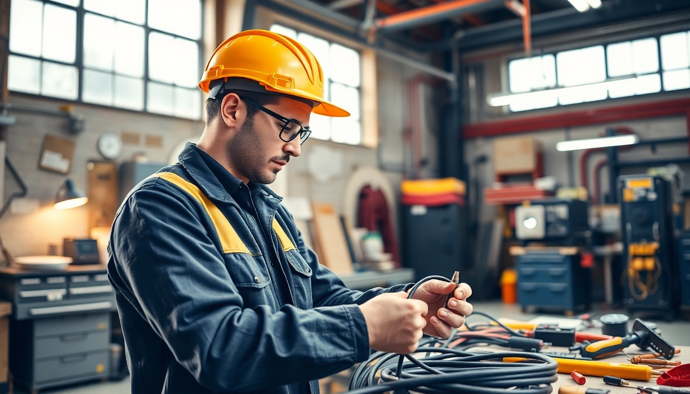 Skilled trainee engaged in electrical apprenticeship, focusing on wiring in a well-lit workshop.