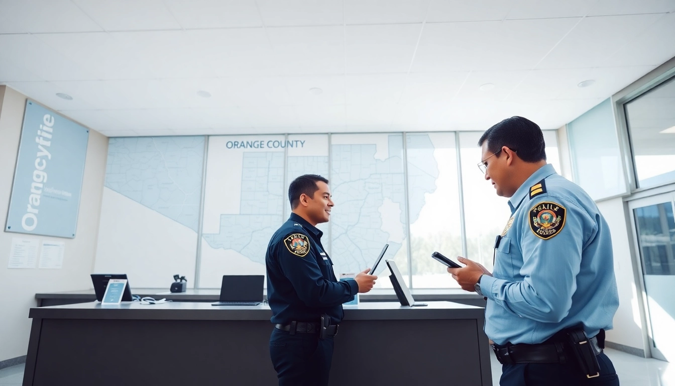 Orange County Inmate search process at a police station with officers and a detailed map.