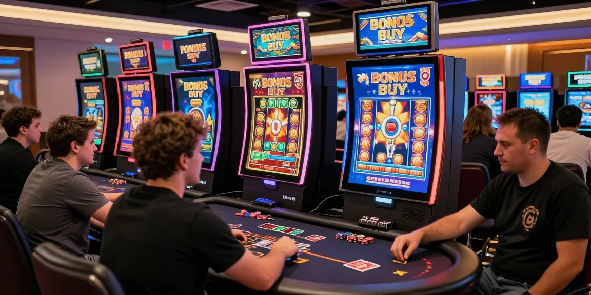 Engaged players enjoying Bonus Buy slots at an online casino, showcasing excitement and interaction. Visit https://aboutderbyshire.co.uk for top casinos.