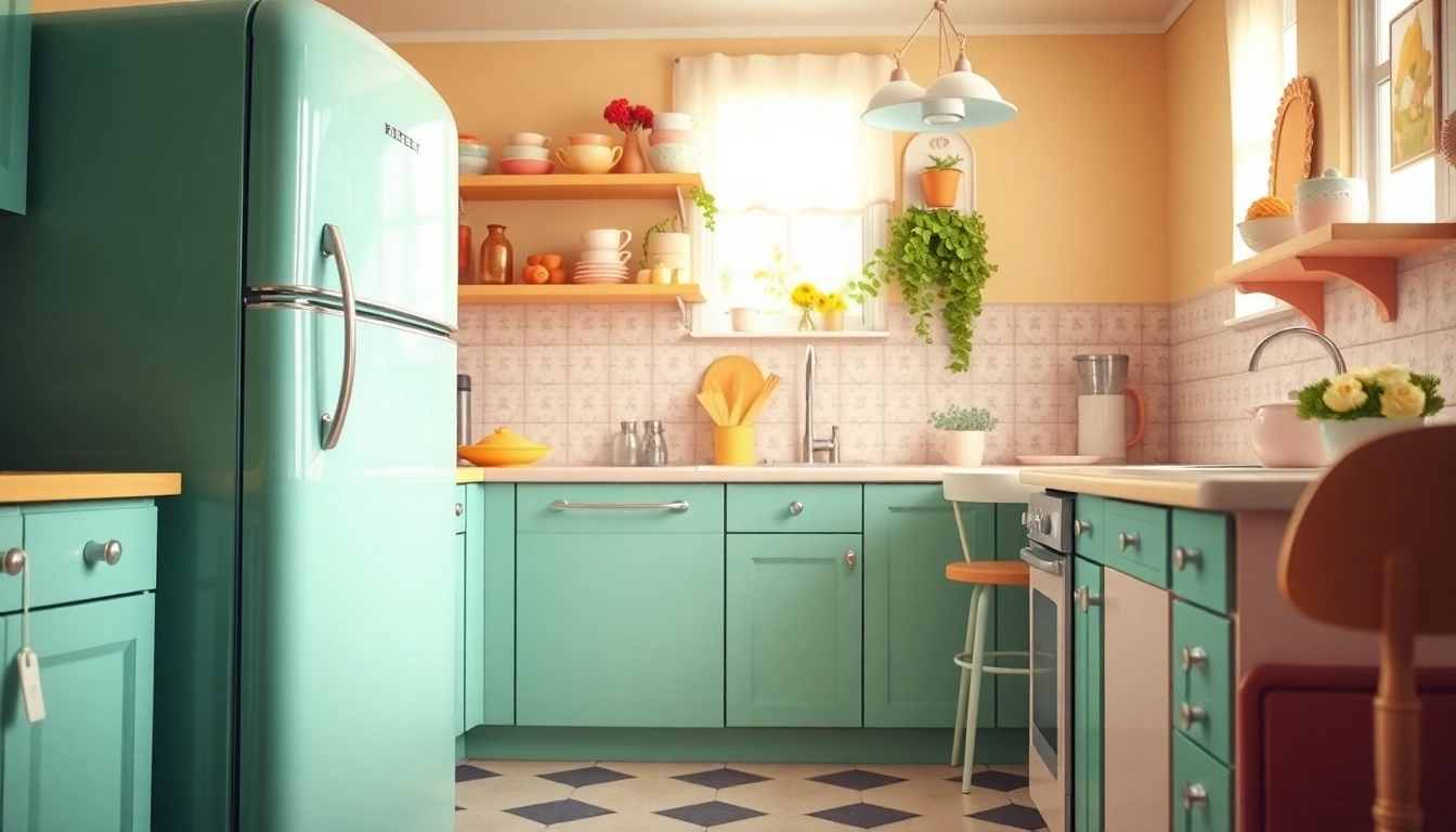 Showcasing a retro appliance kitchen with a vintage mint green refrigerator and pastel decor.
