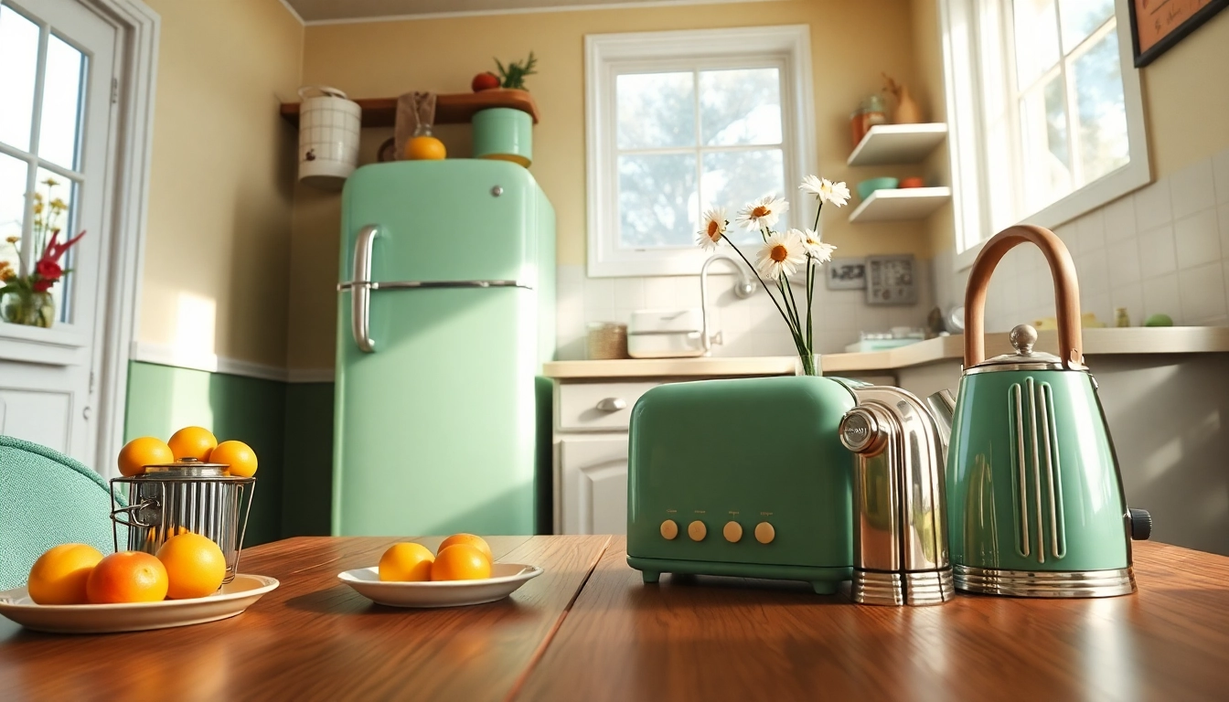 Showcasing a retro appliance kitchen with a vintage refrigerator and colorful decor.