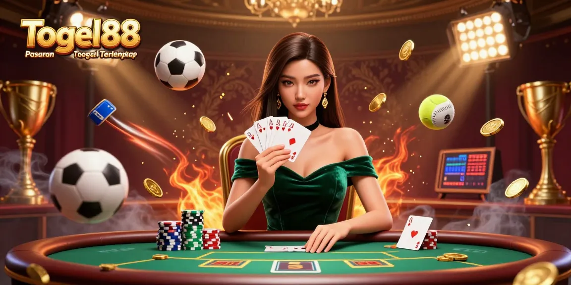 Togel88 Pasaran Toto Togel Terlengkap showcases a stunning Asian woman at a poker table, deep in strategy.