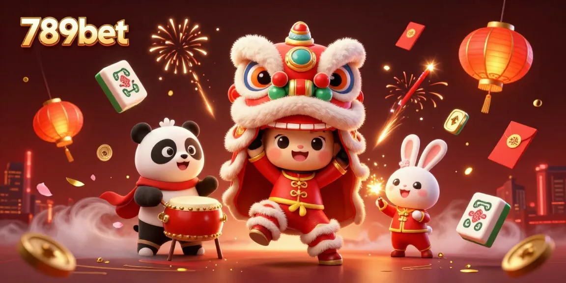 Engage in the festive excitement of 789bet with a vibrant illustration featuring a lion dance and prizes.