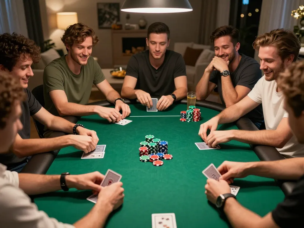 Permainan poker di lingkungan rumah yang nyaman dengan teman-teman, menampilkan permainan intens di sekitar meja poker yang hidup.