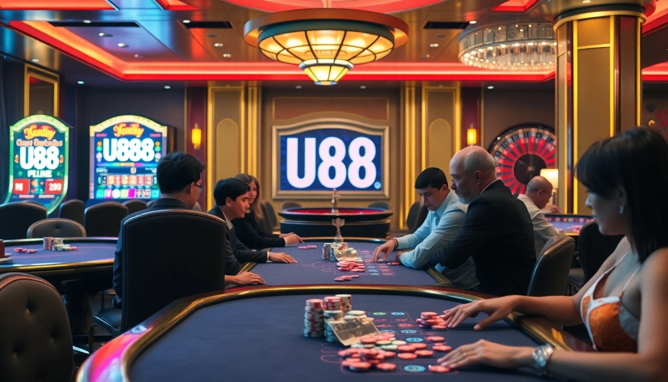 Players enjoying the U88 slot machine in a luxurious casino atmosphere filled with excitement.