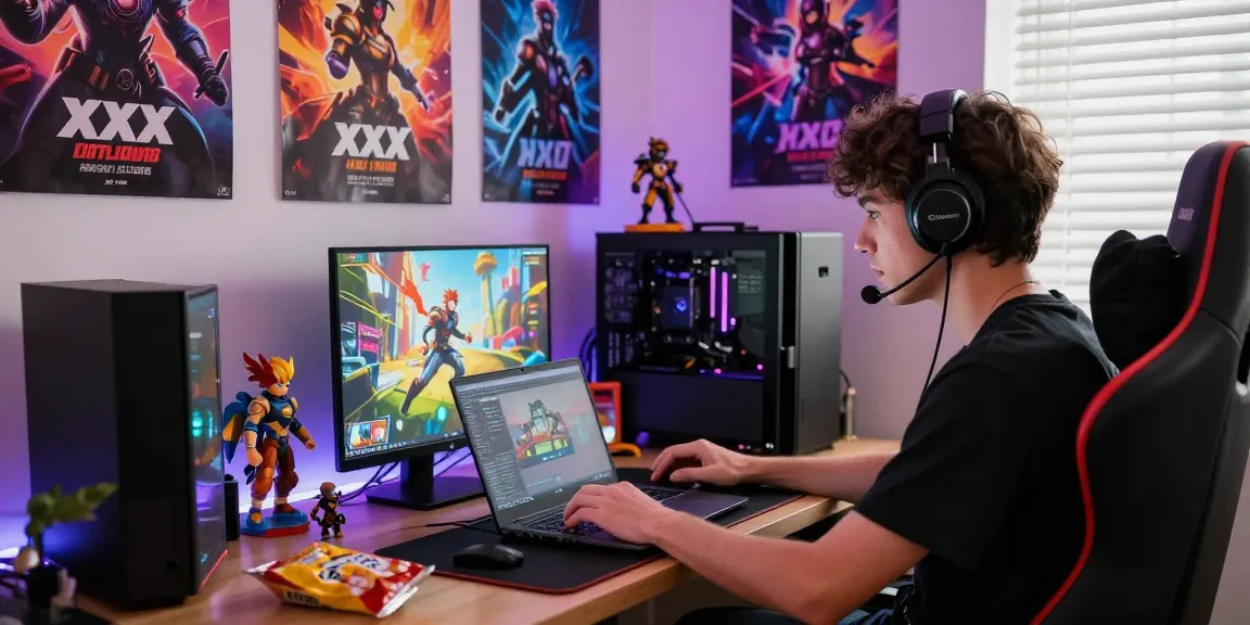 Engaged player enjoying xxx games in a vibrant gaming setup with colorful decor.