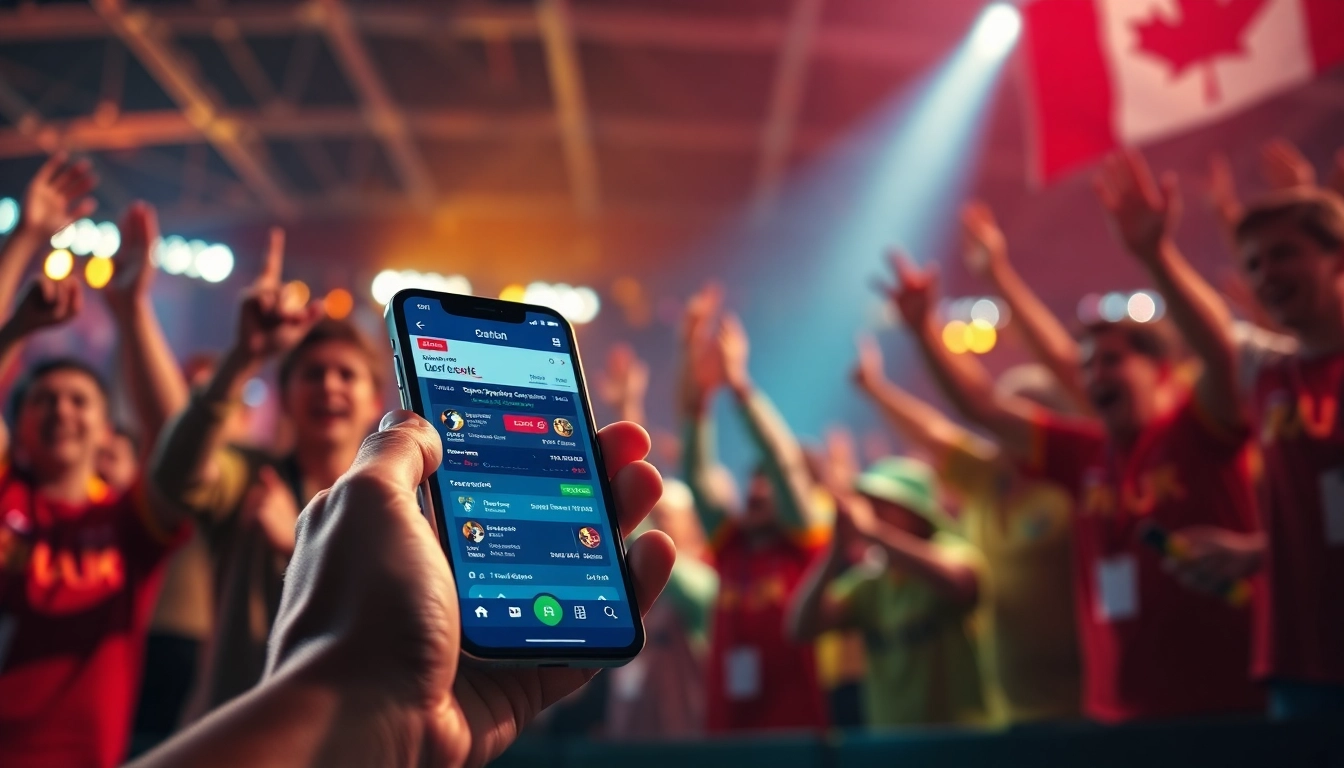 Engaged sports fans using sports betting apps Canada on a smartphone at a live event.