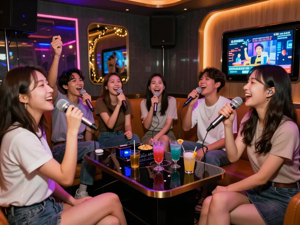 활기찬 불빛과 친구들로 둘러싸인 강남달토 노래방에서 즐거운 밤을 보내고 있습니다.