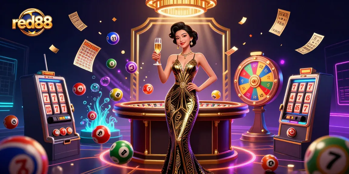 Engage with the excitement of red88 as the elegant Asian woman celebrates winning with colorful lottery balls in a dynamic casino scene.