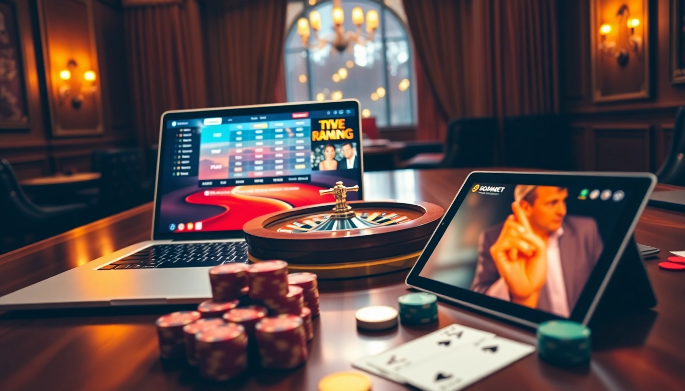 SboBet link alternatif interface displayed on a sleek laptop in a luxurious casino setting.