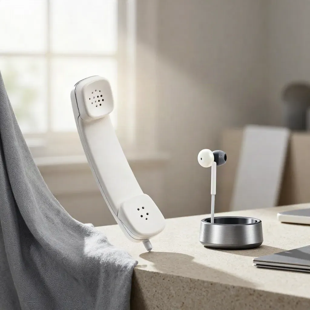 Pearl-white office phone with handset and accessories floating above pale stone in soft daylight.