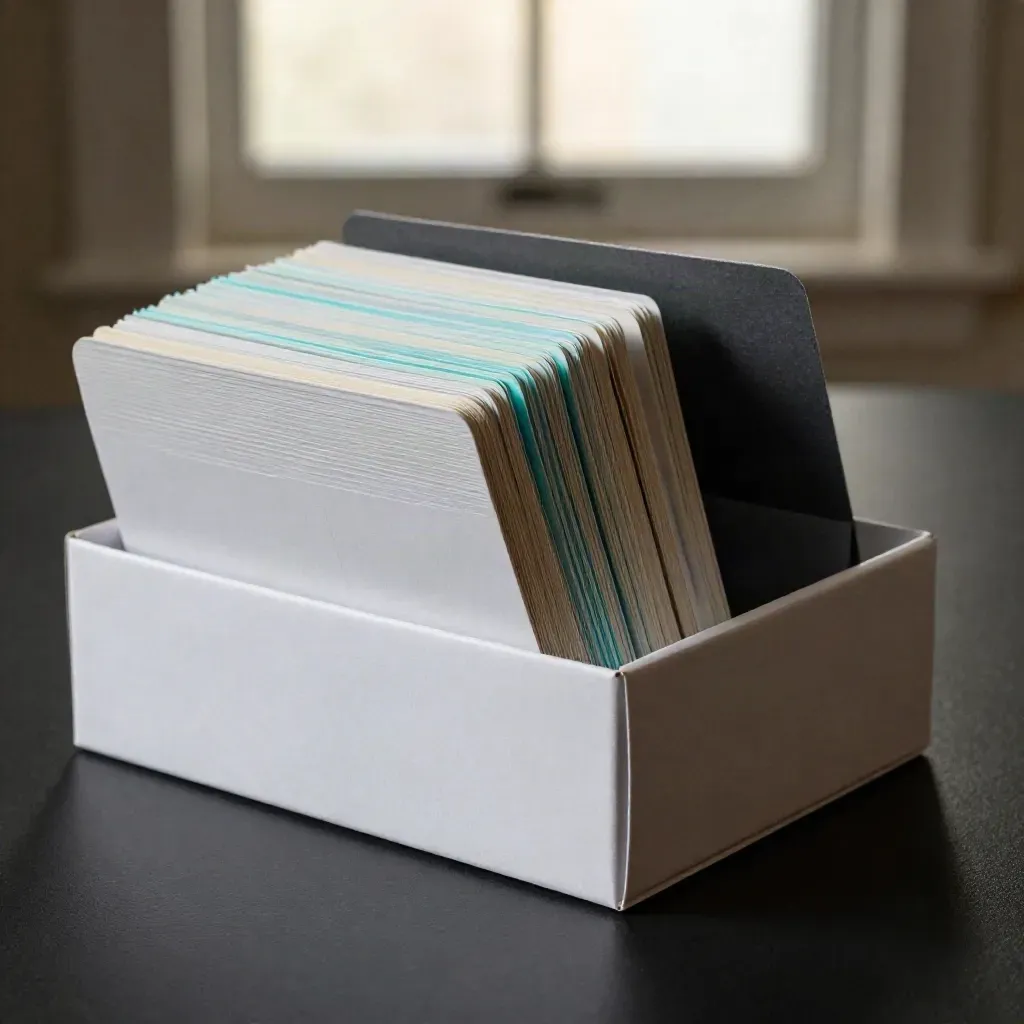 Open white buyer pack with tabbed inserts and comparison cards on matte black.