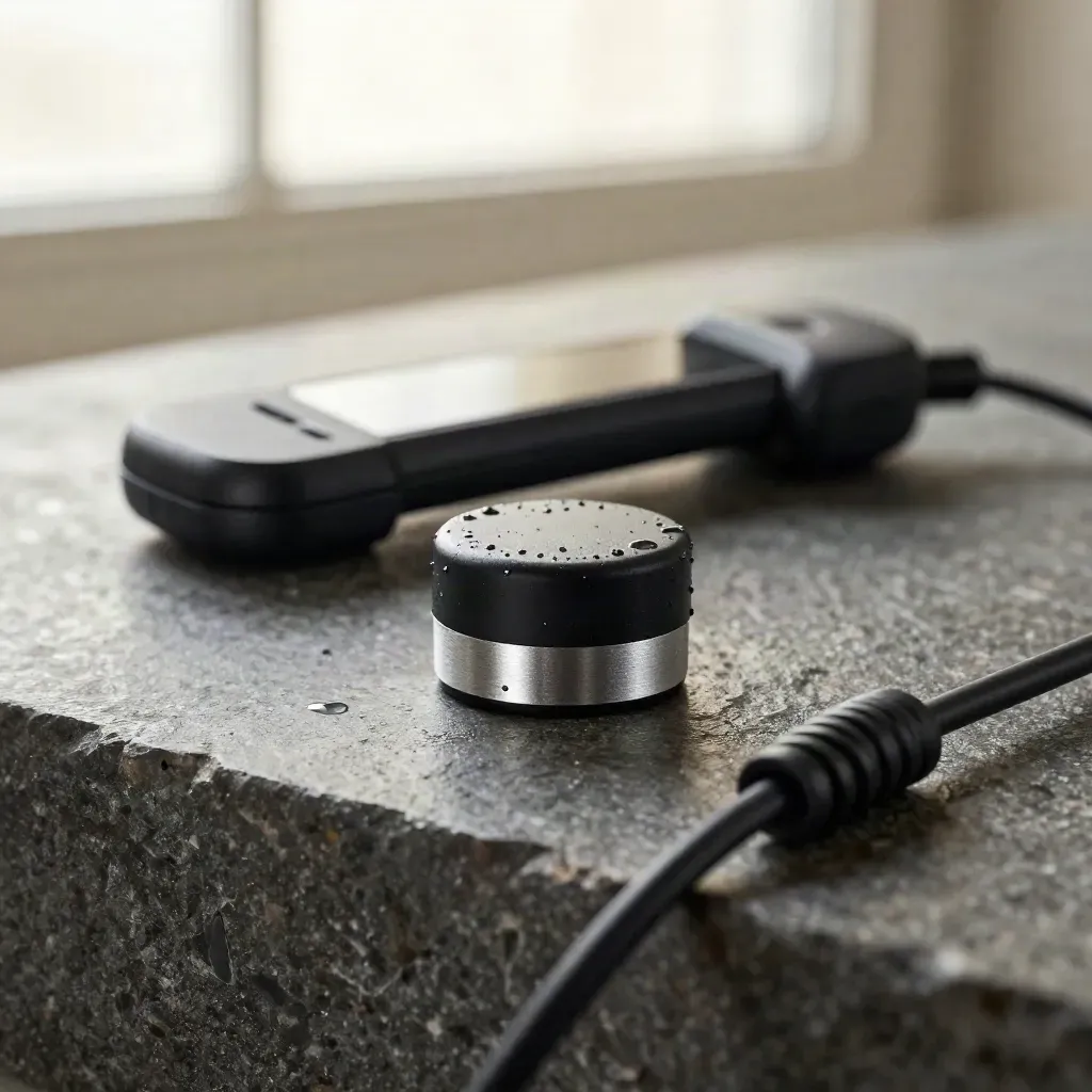Graphite conferencing puck, slim handset and cable loop on wet basalt with silver reflections and mist.