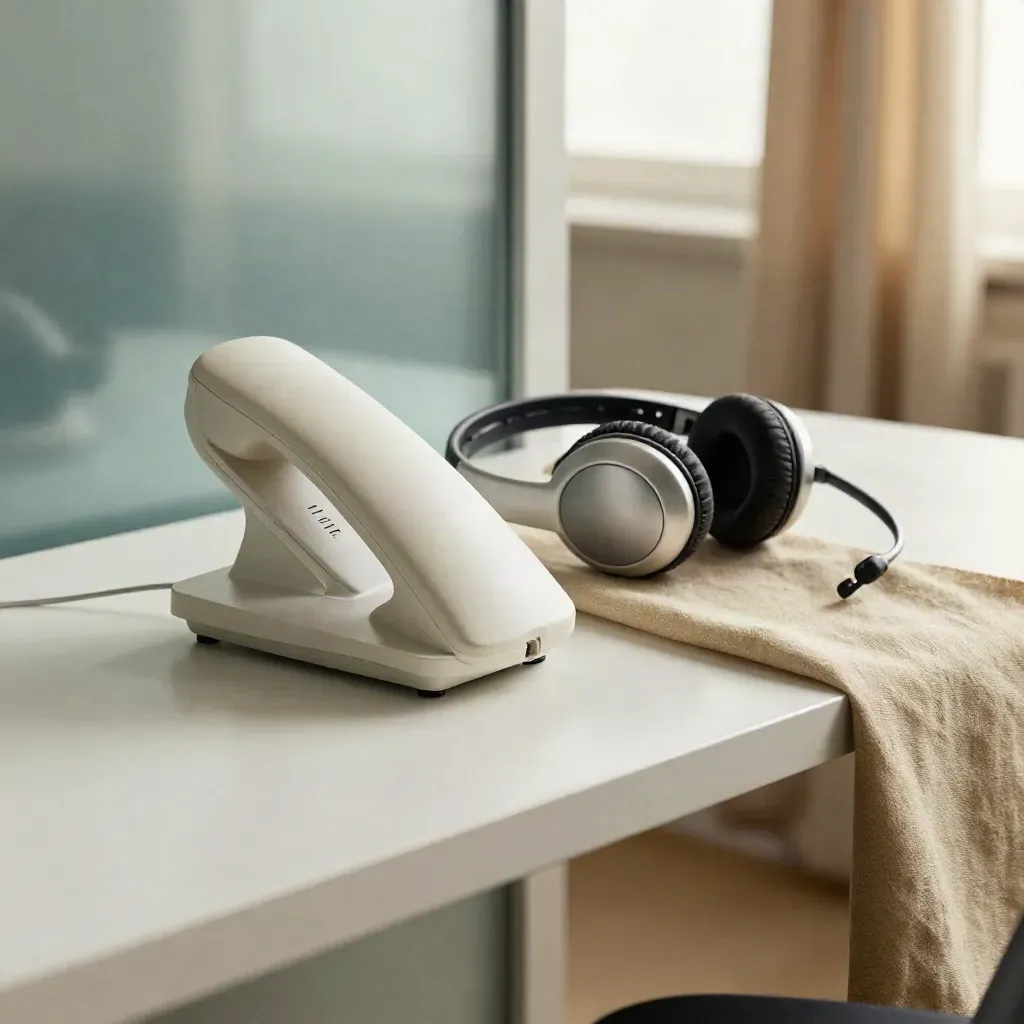 Matte white desk phone set beside frosted glass and canvas in soft daylight.